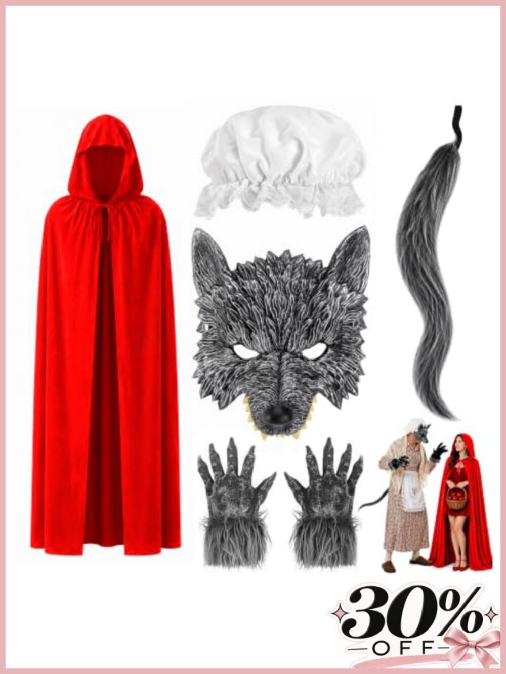 Wolf Couples Halloween Costume 5Pc Gold Velvet Red Riding Hood Cape Set